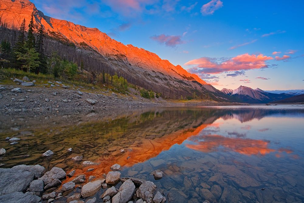 Canada-Alberta-Jasper National Park Sunset on Medicine Lake